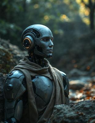 The primary subject of the image is a robot, which is the main object, scene, or focus of the image. The robot is standing in a forest, surrounded by trees and rocks. The setting is a natural environment, with a backdrop of trees and rocks. The visual style of the image is a photo, capturing the robot in its natural surroundings. The colors and mood of the image are dark and moody, with the robot appearing to be a futuristic, mechanical being.